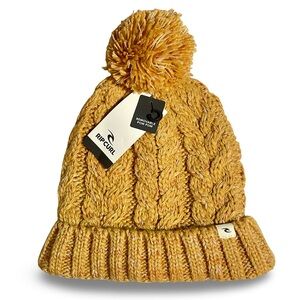 Rip Curl Classic Gold Cable Knit Pattern O/S Removable Pom Pom Beanie NWT Logo